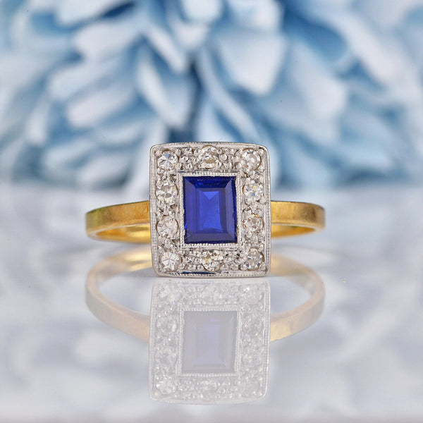 Ellibelle Jewellery Art Deco Blue Sapphire & Diamond Gold and Platinum Panel Ring