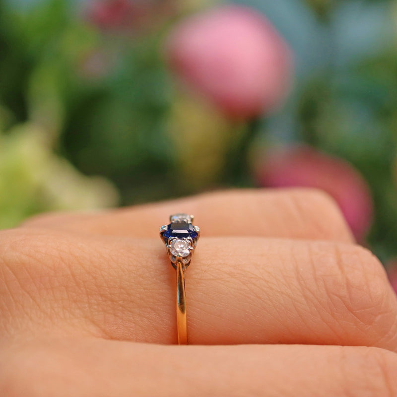 Ellibelle Jewellery Art Deco Blue Sapphire & Diamond Gold Three Stone Ring