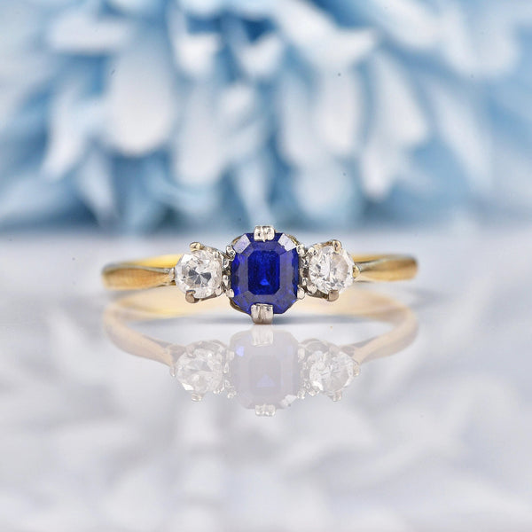 Ellibelle Jewellery Art Deco Blue Sapphire & Diamond Gold Three Stone Ring