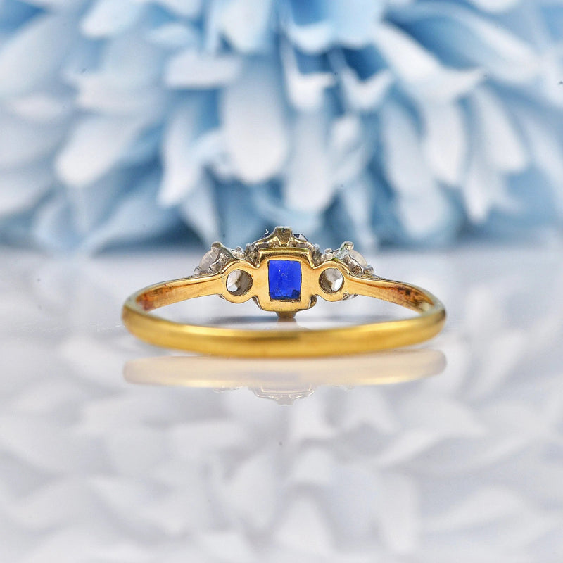 Ellibelle Jewellery Art Deco Blue Sapphire & Diamond Gold Three Stone Ring