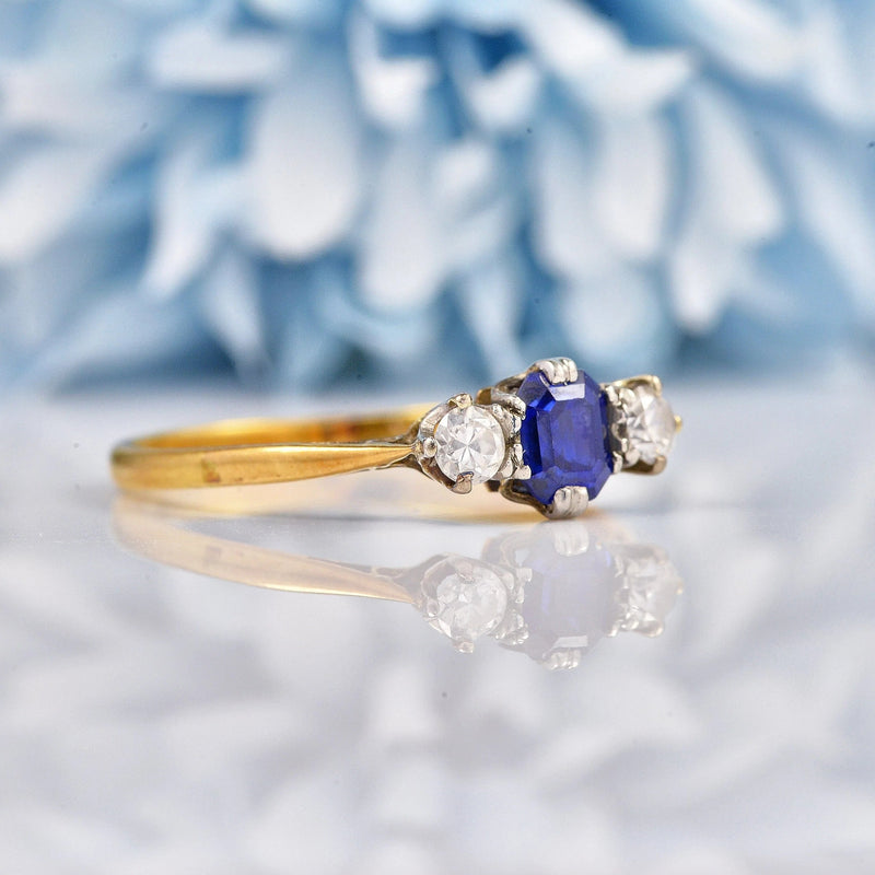 Ellibelle Jewellery Art Deco Blue Sapphire & Diamond Gold Three Stone Ring