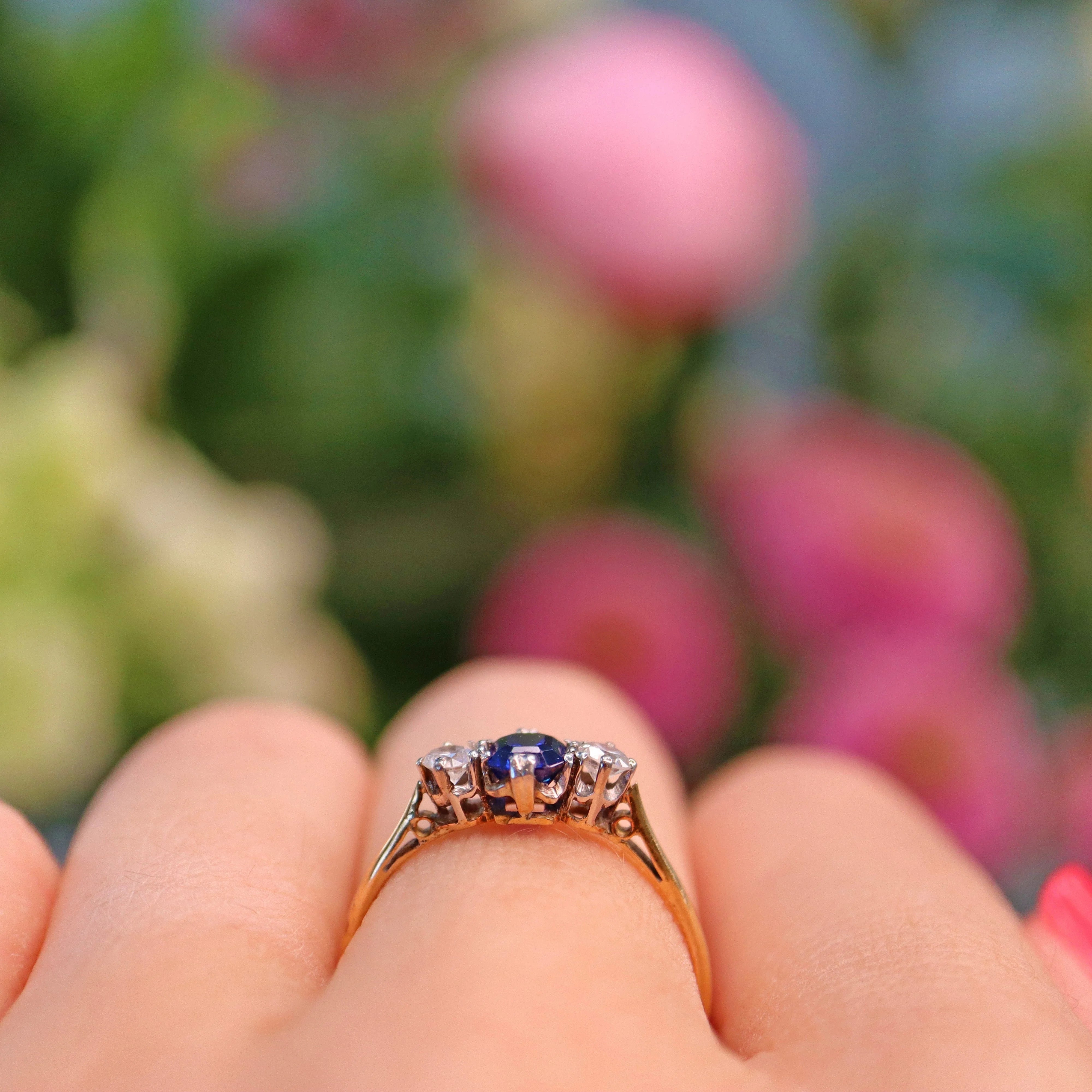 Ellibelle Jewellery Art Deco Blue Sapphire & Diamond Gold Three Stone Ring