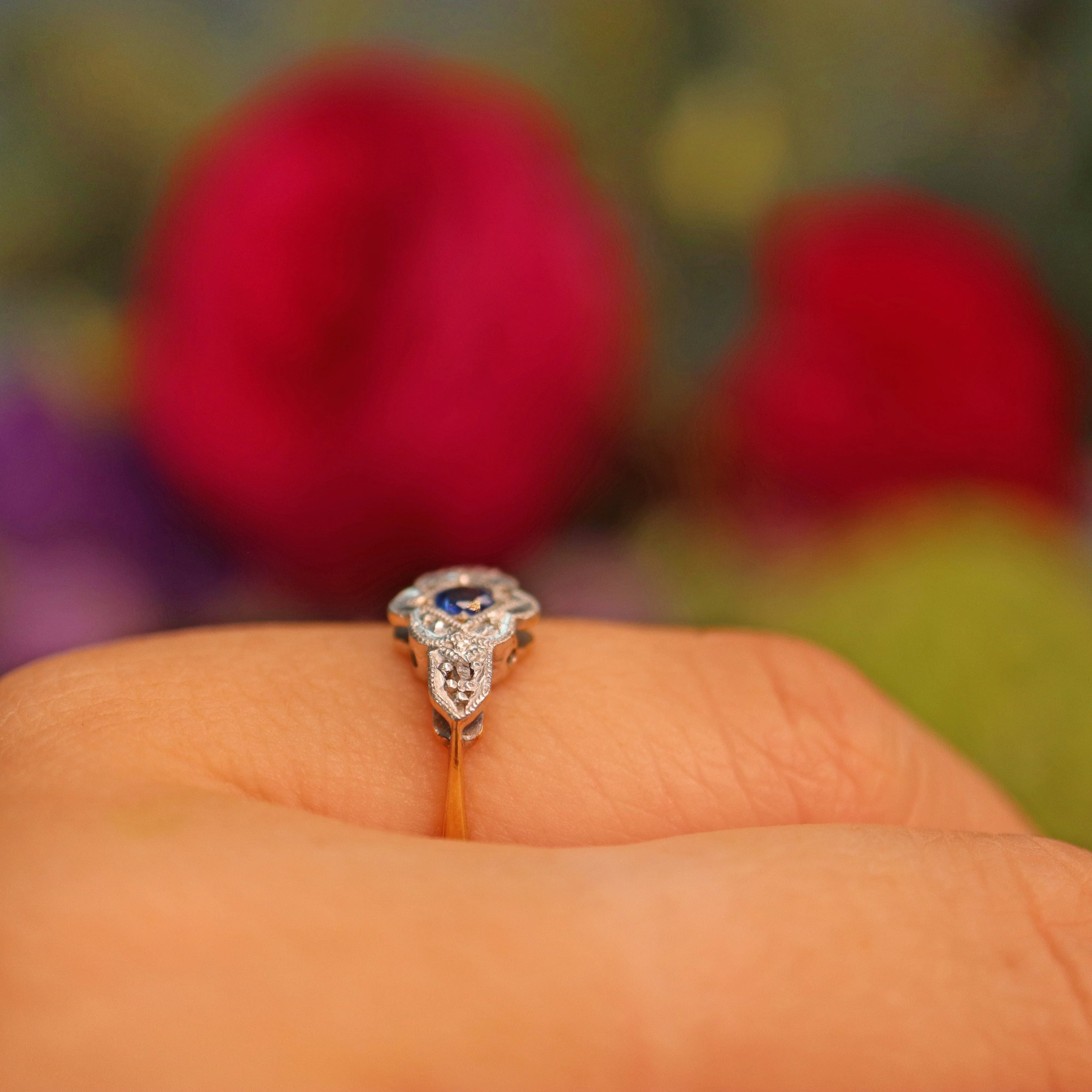 Ellibelle Jewellery Art Deco Blue Sapphire & Diamond Ring