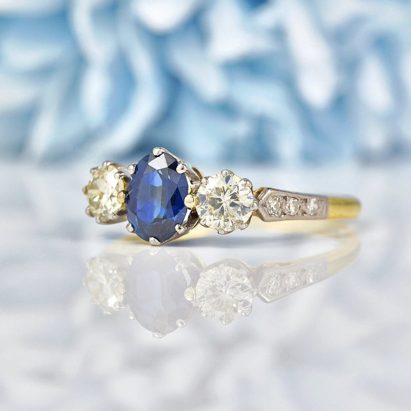 Ellibelle Jewellery Art Deco Blue Sapphire & Diamond Three Stone Engagement Ring