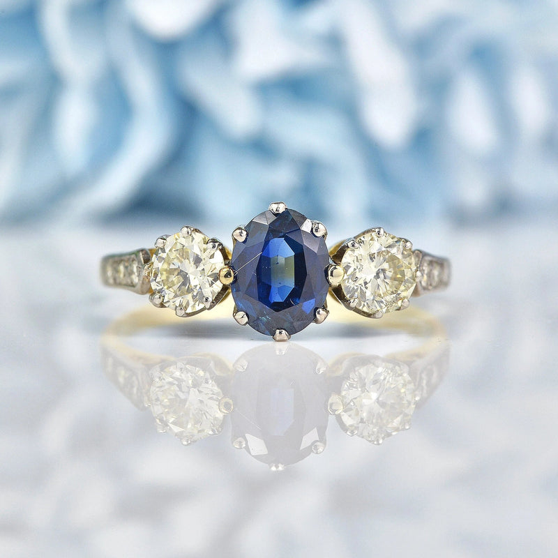 Ellibelle Jewellery Art Deco Blue Sapphire & Diamond Three Stone Engagement Ring