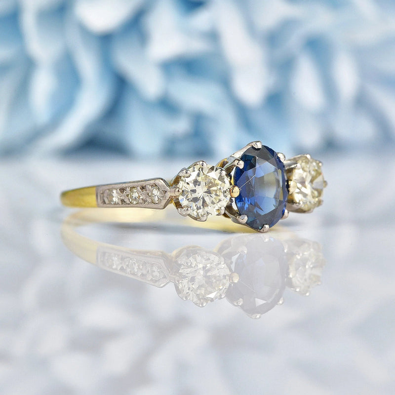 Ellibelle Jewellery Art Deco Blue Sapphire & Diamond Three Stone Engagement Ring