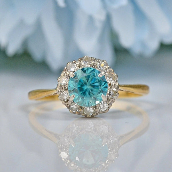 ART DECO BLUE ZIRCON & DIAMOND 18CT GOLD CLUSTER RING