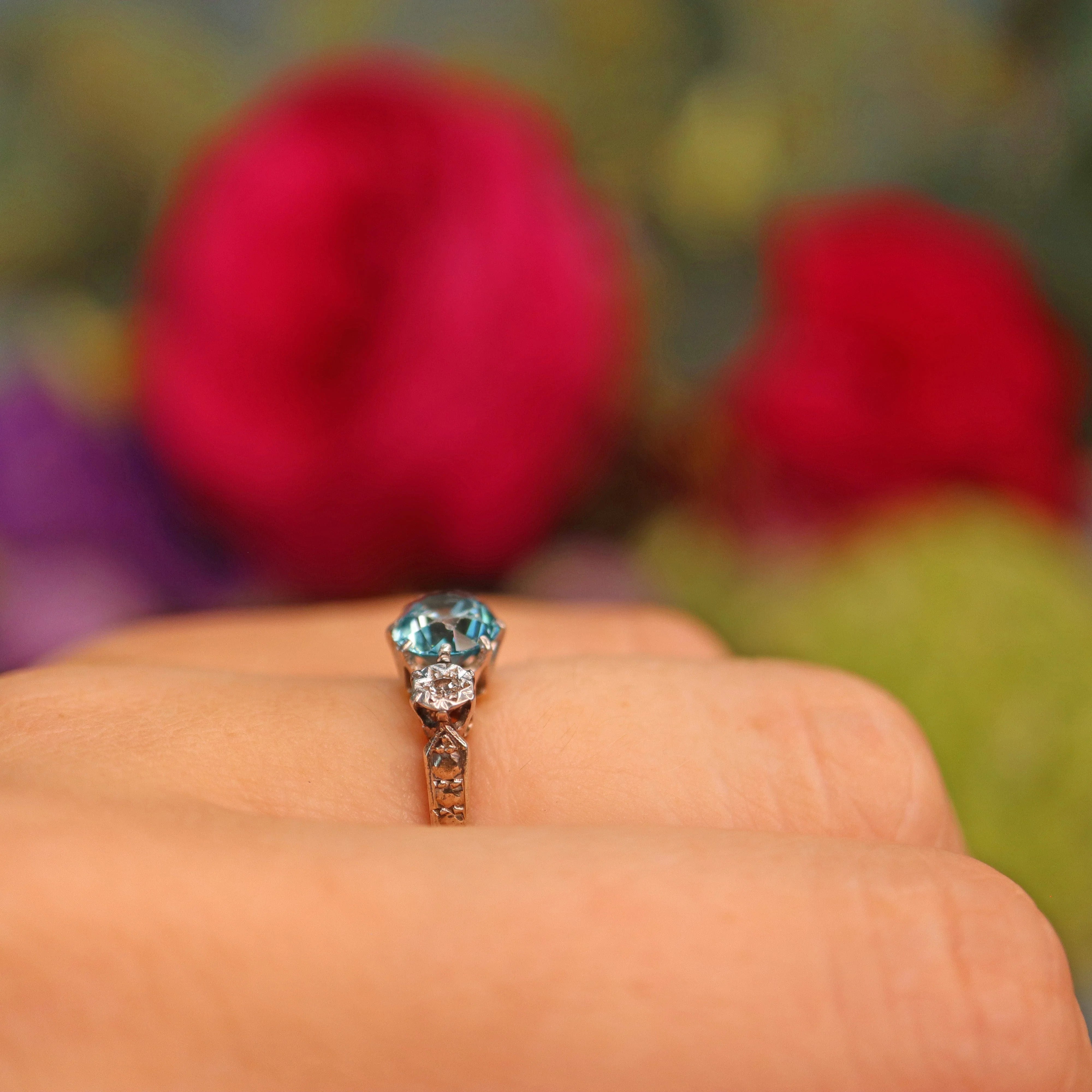 Ellibelle Jewellery Art Deco Blue Zircon & Diamond Three Stone Ring