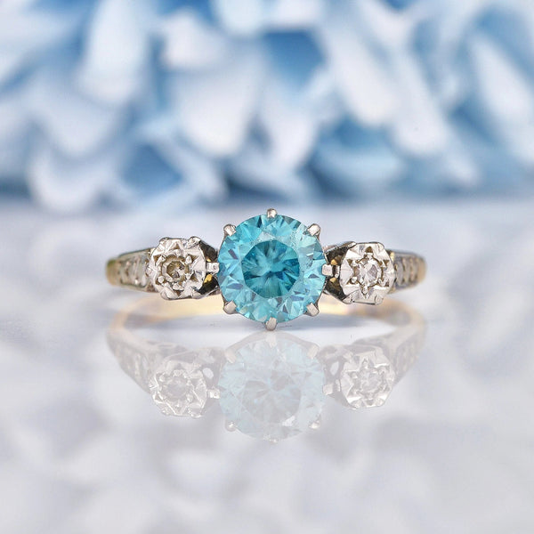 Ellibelle Jewellery Art Deco Blue Zircon & Diamond Three Stone Ring