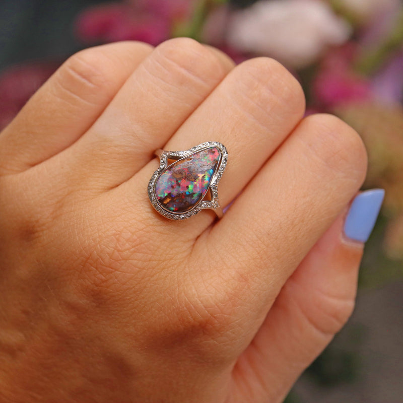 Ellibelle Jewellery Art Deco Boulder Opal & Diamond Platinum Ring