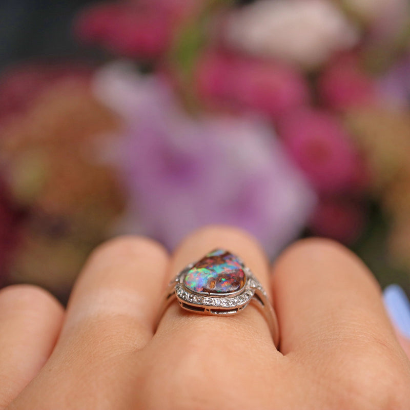 Ellibelle Jewellery Art Deco Boulder Opal & Diamond Platinum Ring