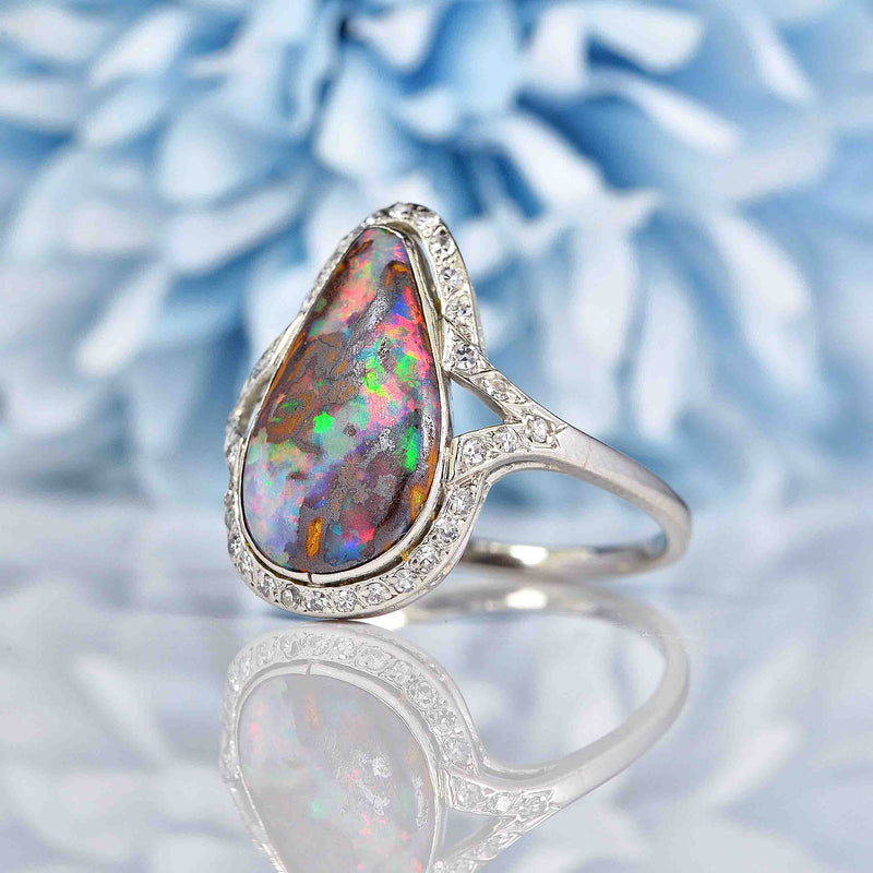 Ellibelle Jewellery Art Deco Boulder Opal & Diamond Platinum Ring