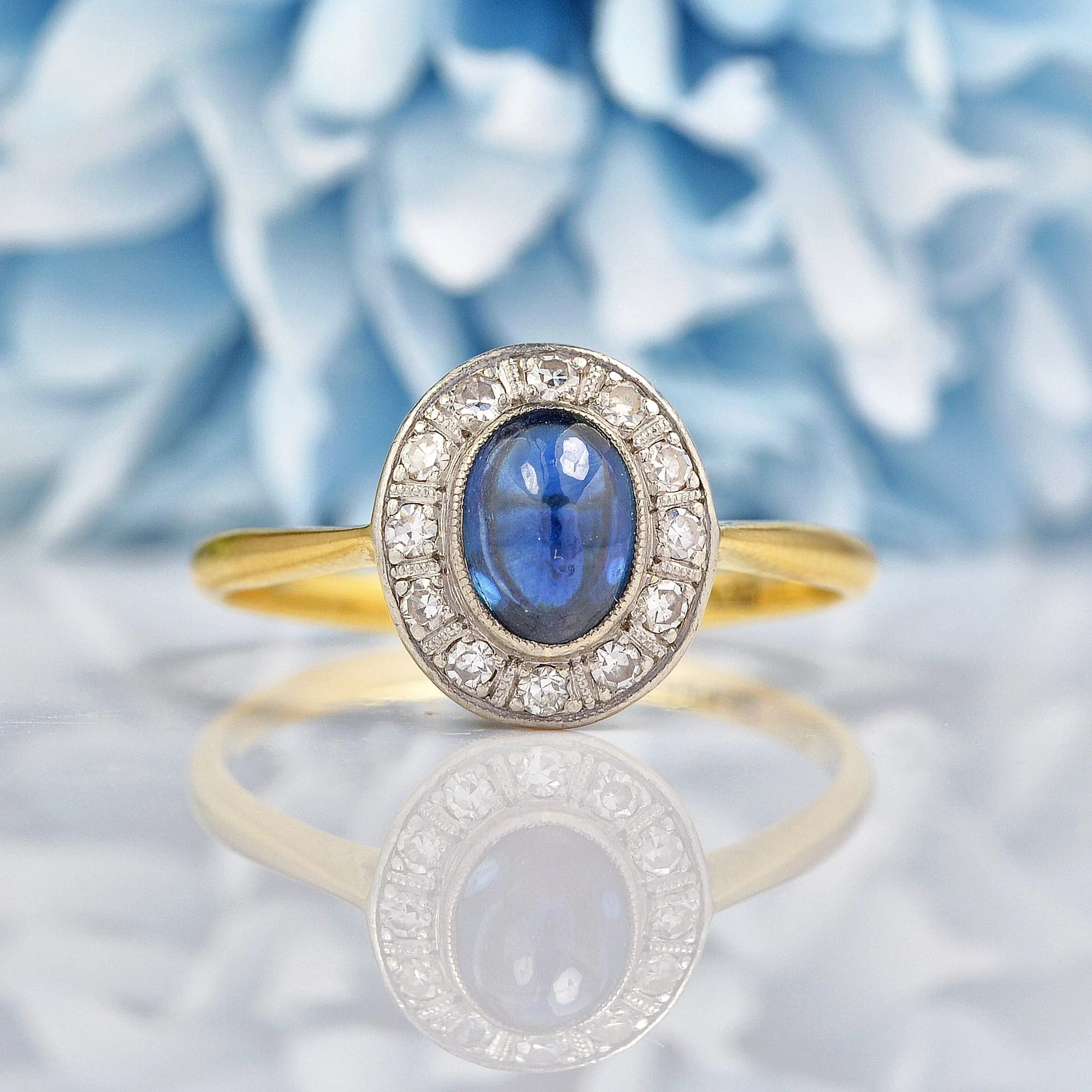 Ellibelle Jewellery Art Deco Cabochon Sapphire & Diamond 18ct Gold Ring