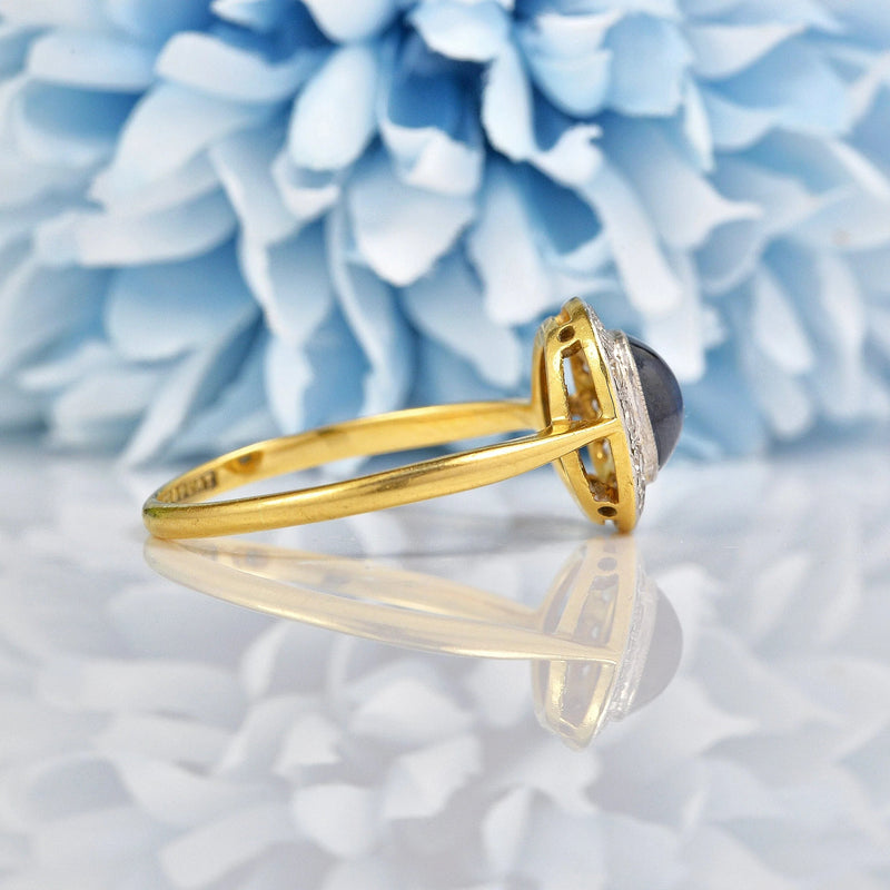 Ellibelle Jewellery Art Deco Cabochon Sapphire & Diamond 18ct Gold Ring