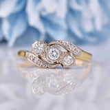 Ellibelle Jewellery Art Deco Diamond 18ct Gold & Platinum Three Stone Crossover Ring