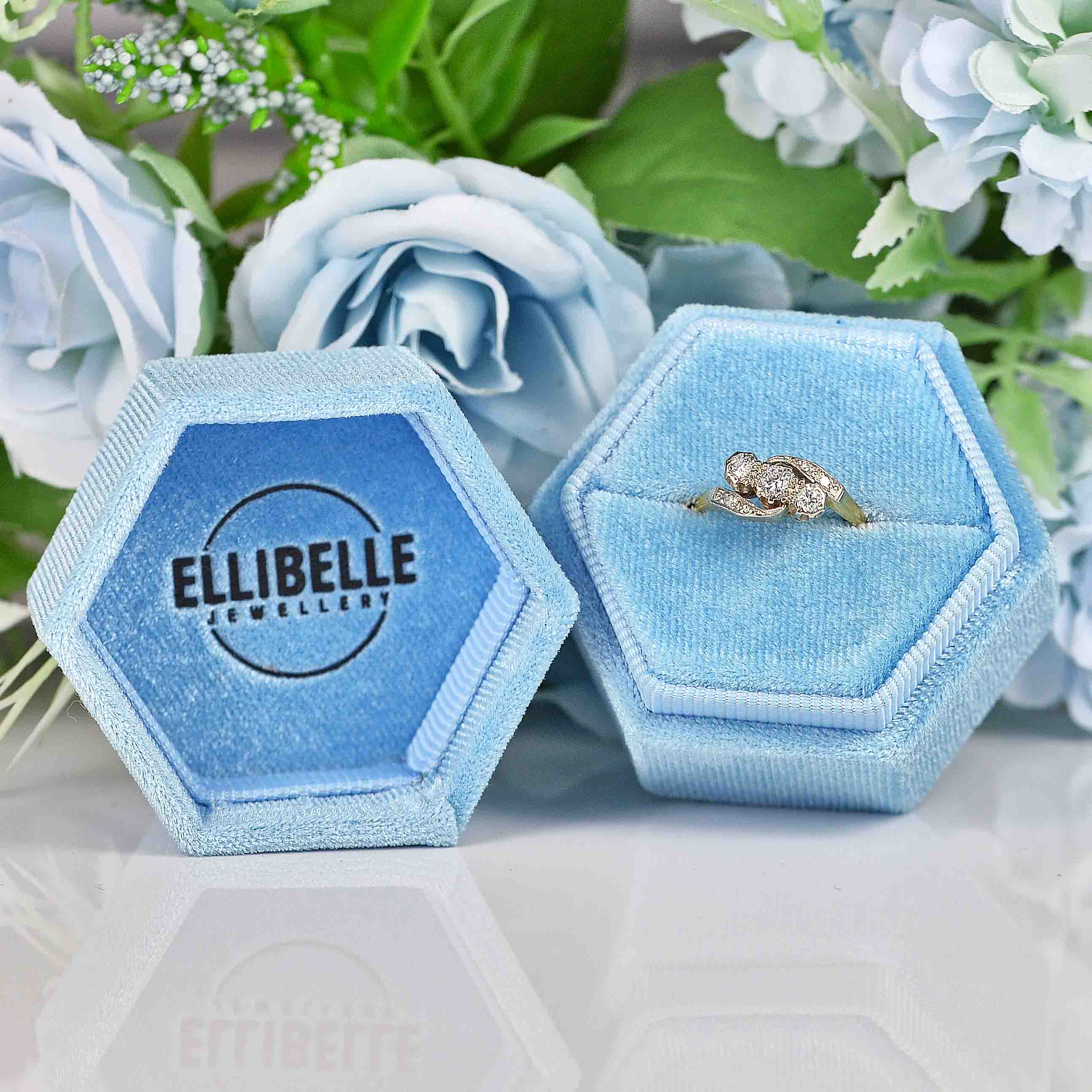 Ellibelle Jewellery Art Deco Diamond 18ct Gold & Platinum Three Stone Crossover Ring