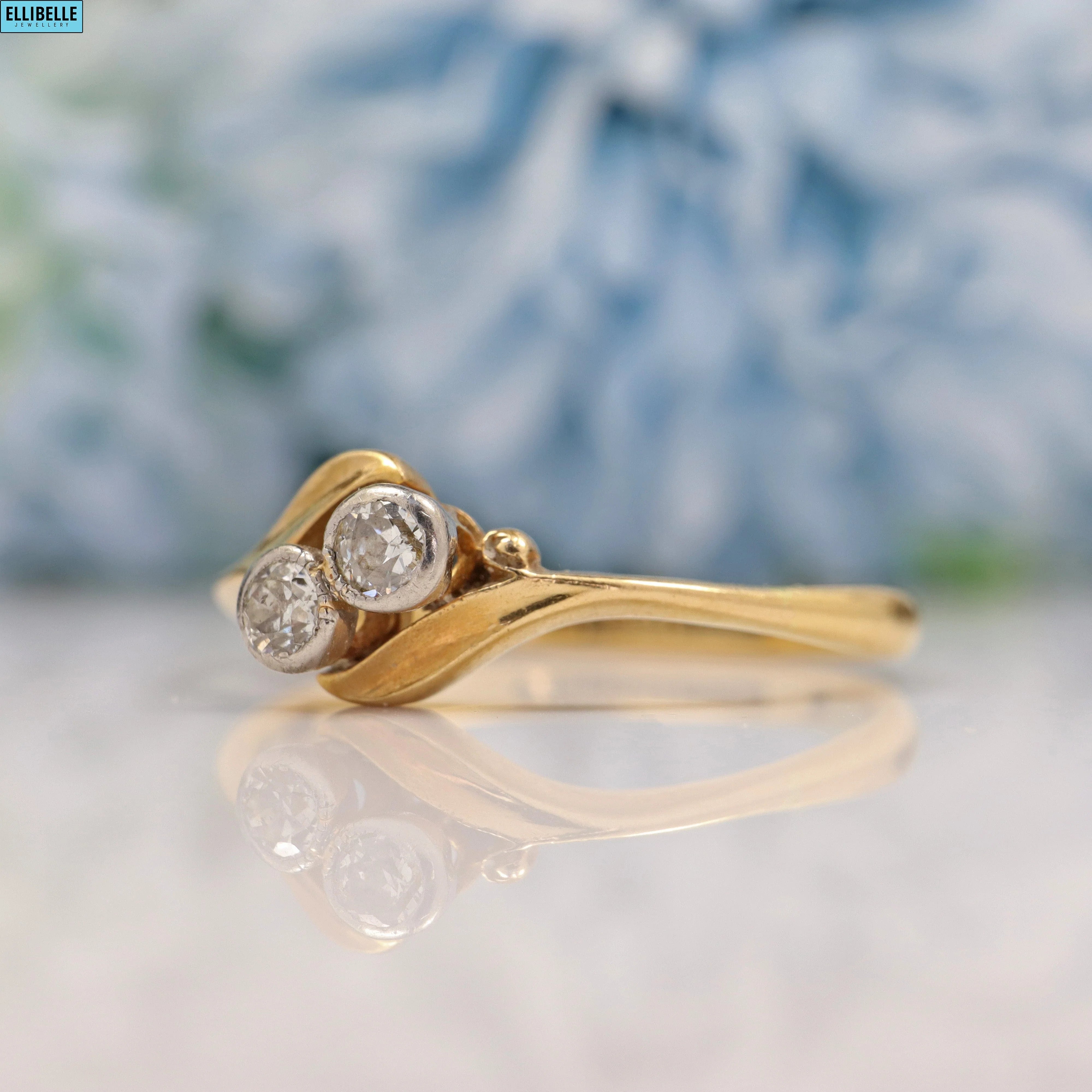 Ellibelle Jewellery ART DECO DIAMOND 18CT GOLD TWO-STONE CROSS-OVER RING