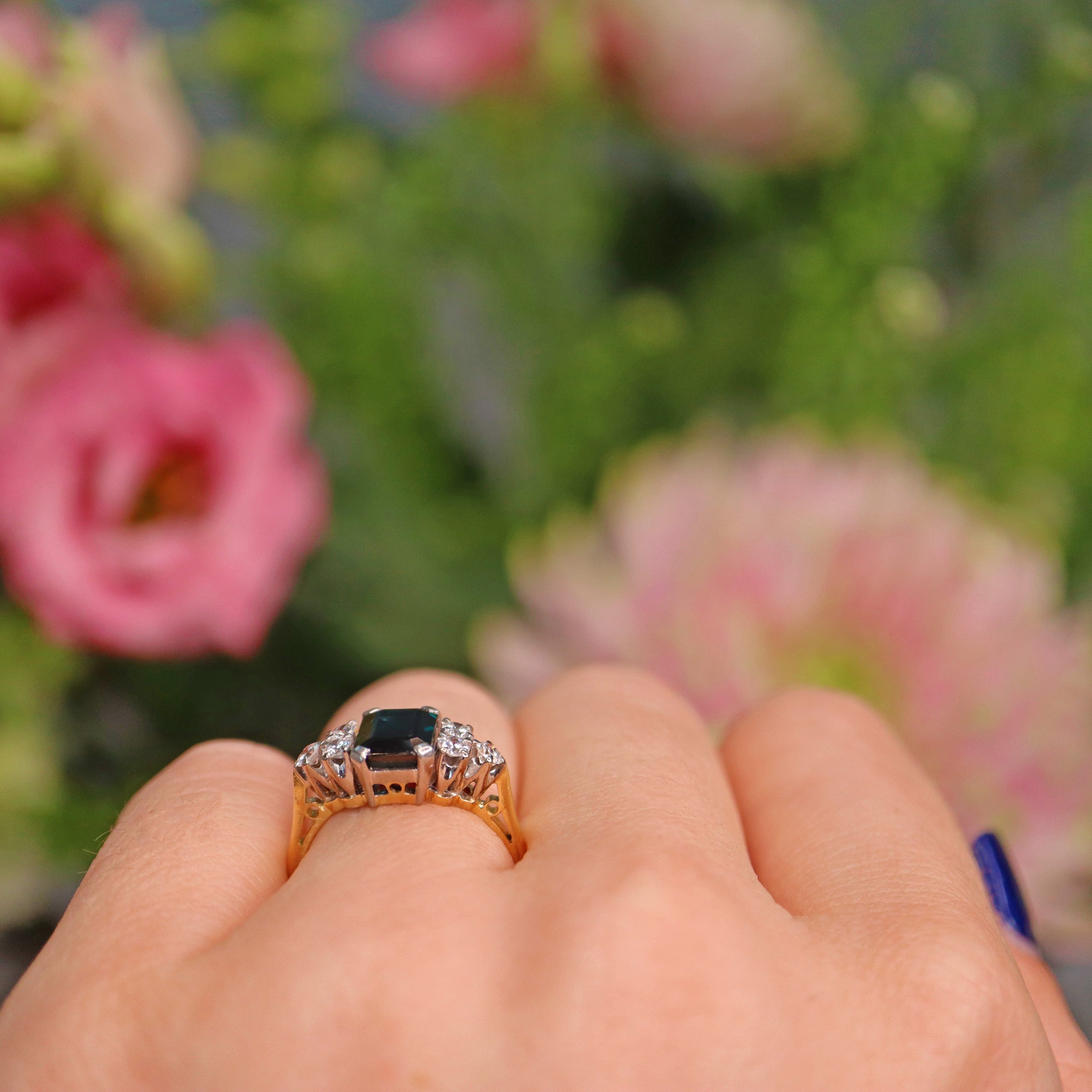 Ellibelle Jewellery Art Deco Emerald Cut Sapphire & Diamond Ring