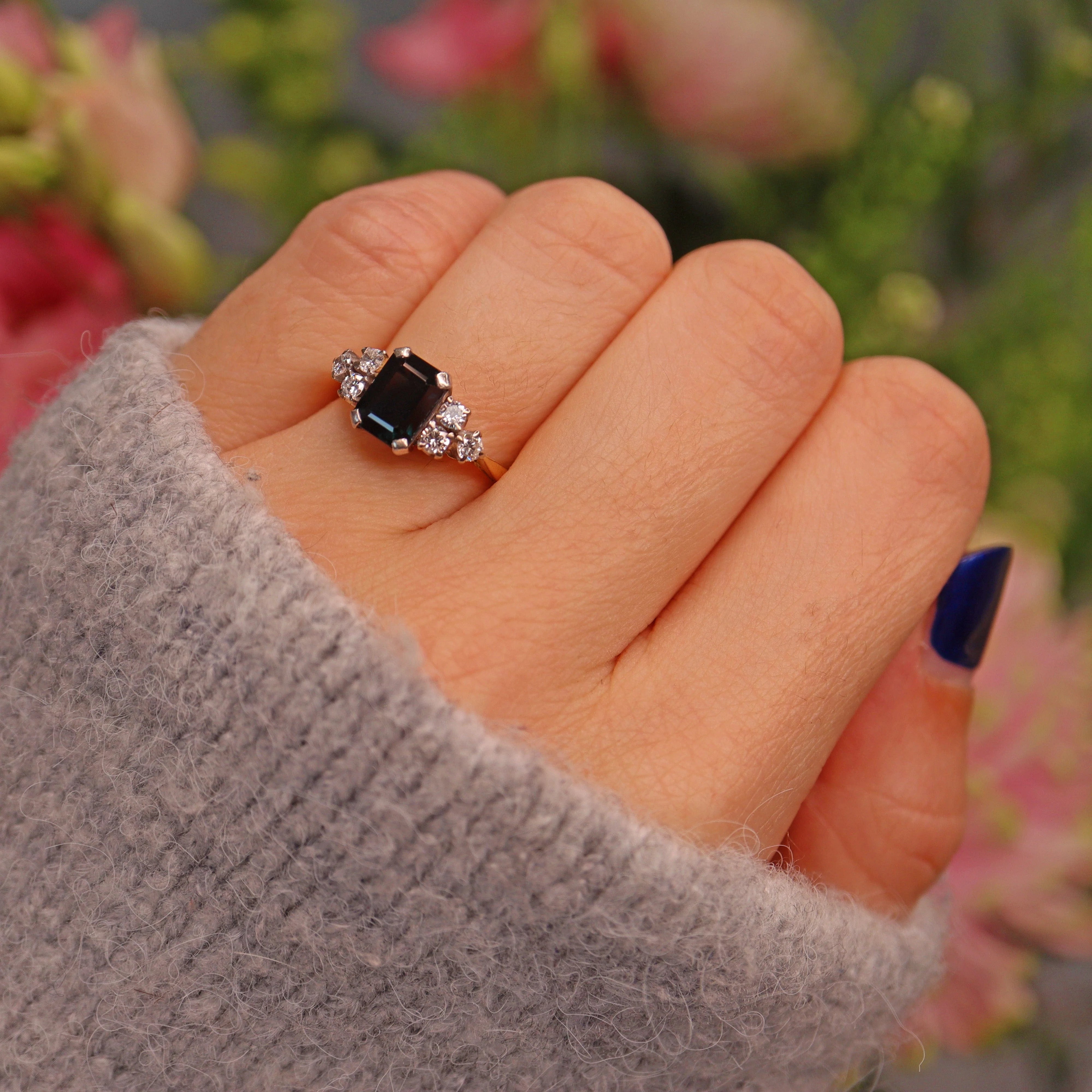 Art Deco Emerald Cut Sapphire Diamond Ring