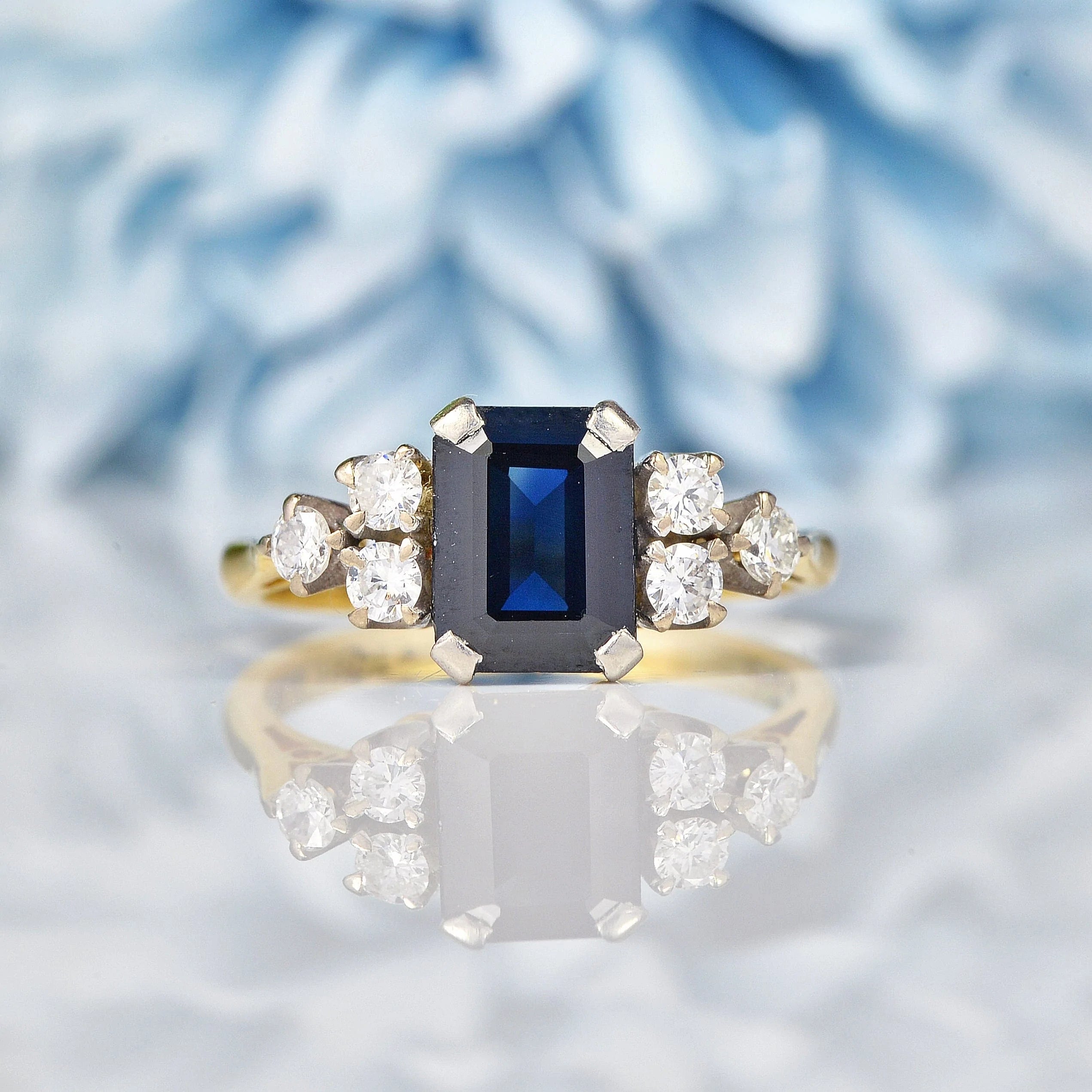 Ellibelle Jewellery Art Deco Emerald Cut Sapphire & Diamond Ring