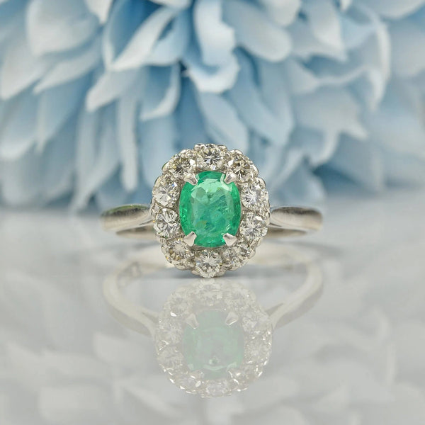 ART DECO EMERALD & DIAMOND 18CT WHITE GOLD CLUSTER RING