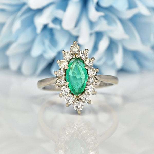 Ellibelle Jewellery Art Deco Emerald & Diamond Marquise Cluster Ring