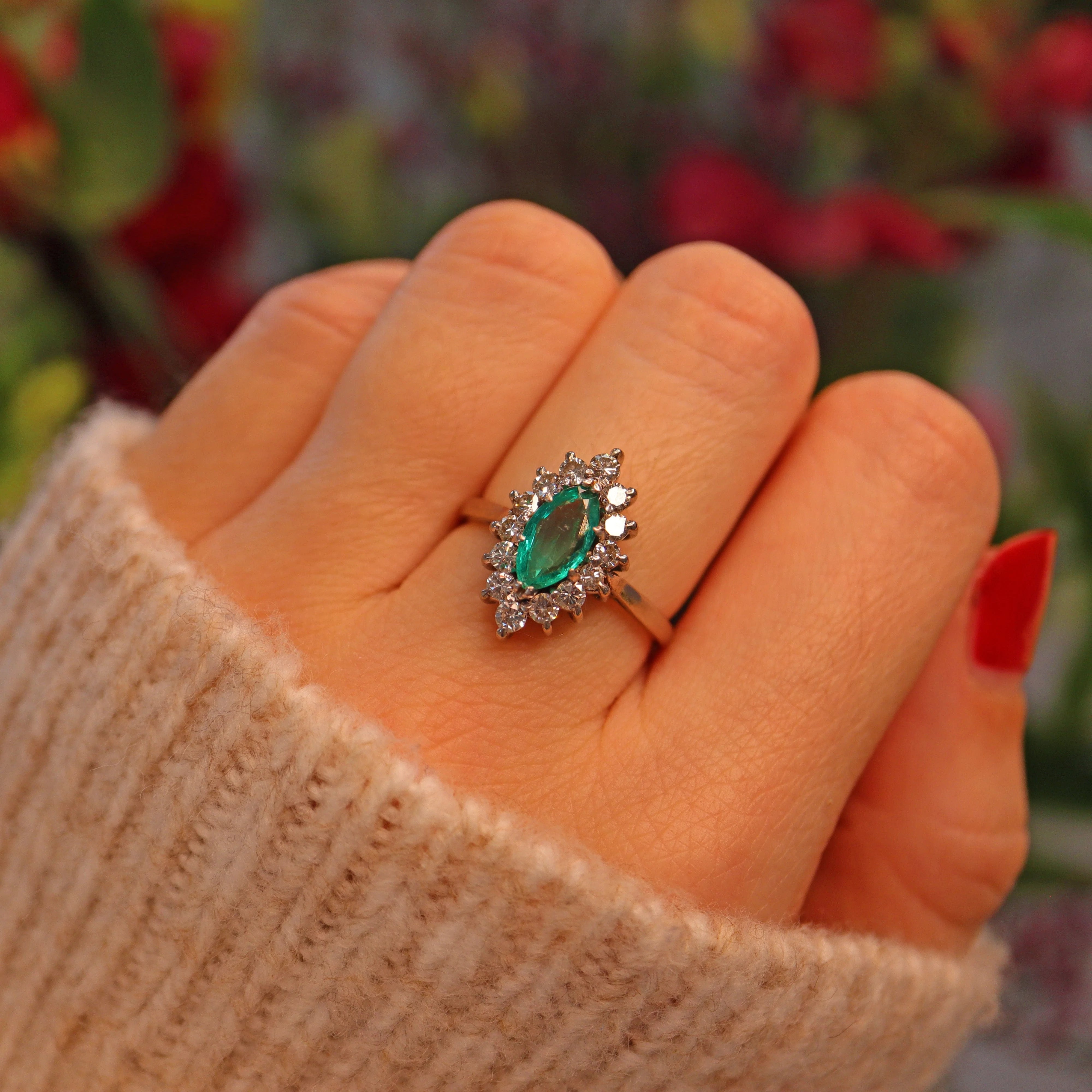 Ellibelle Jewellery Art Deco Emerald & Diamond Marquise Cluster Ring