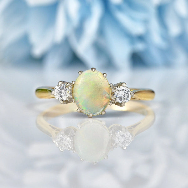 Ellibelle Jewellery Art Deco Natural Opal & Diamond 18ct Gold Three Stone Ring