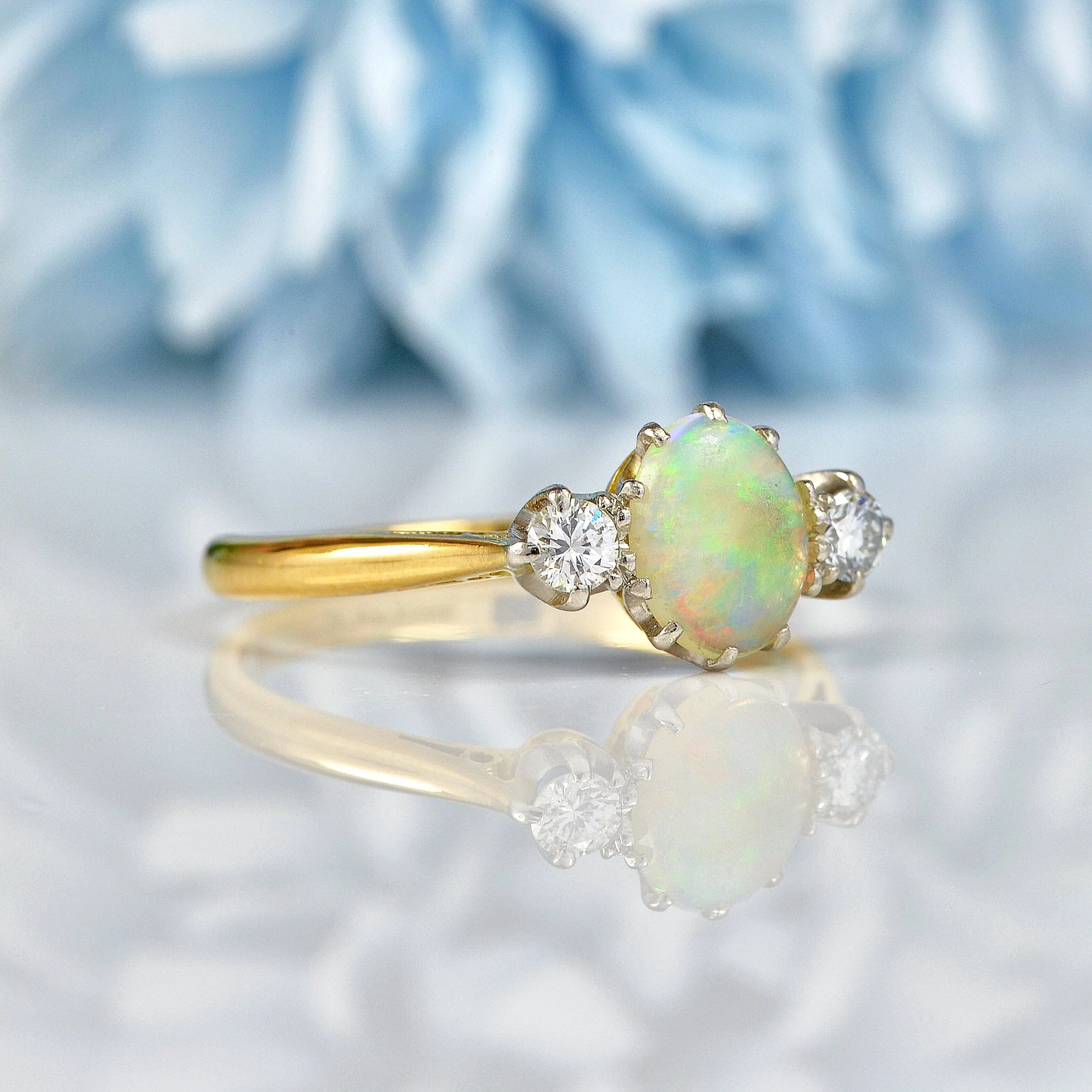 Ellibelle Jewellery Art Deco Natural Opal & Diamond 18ct Gold Three Stone Ring