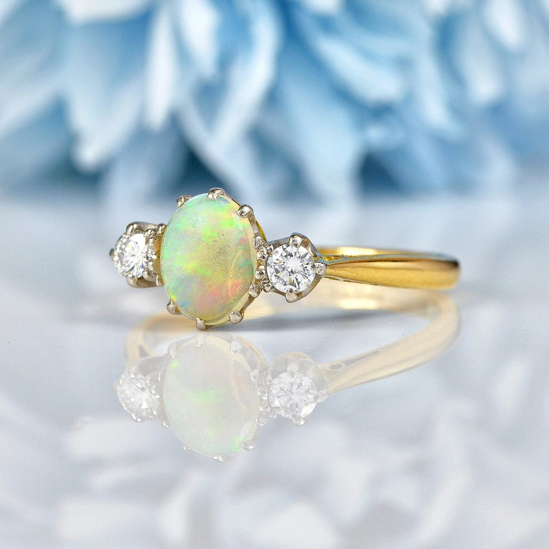 Ellibelle Jewellery Art Deco Natural Opal & Diamond 18ct Gold Three Stone Ring