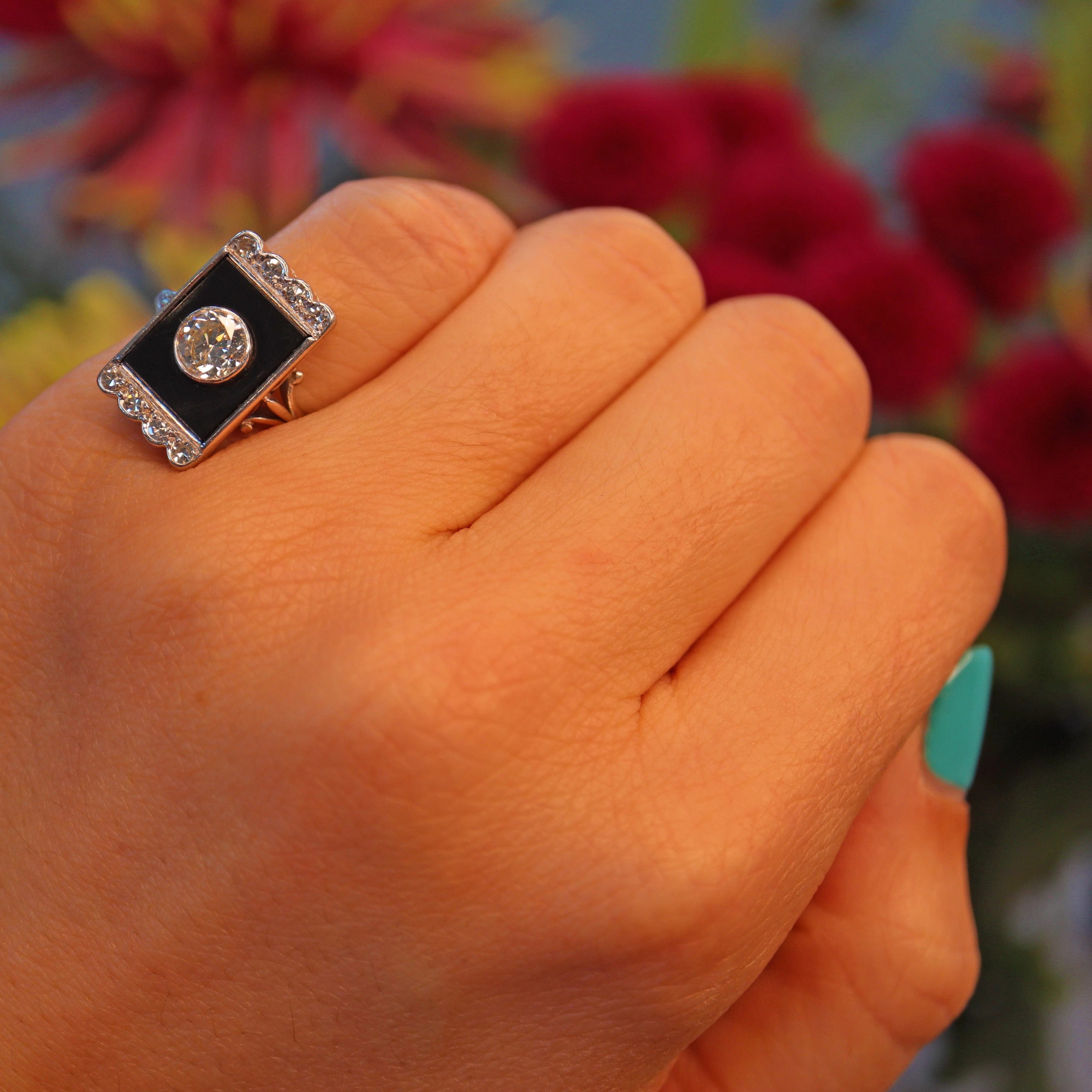 Ellibelle Jewellery Art Deco Onyx & Diamond Platinum Panel Ring