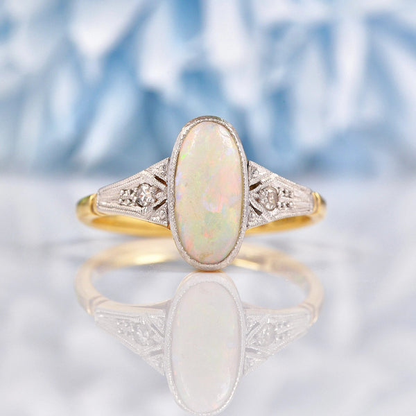 Ellibelle Jewellery Art Deco Opal & Diamond 18ct Gold Platinum Ring