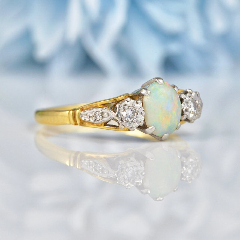 Ellibelle Jewellery Art Deco Opal & Diamond 18ct Gold Three Stone Ring