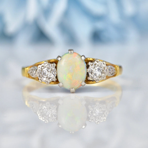 Ellibelle Jewellery Art Deco Opal & Diamond 18ct Gold Three Stone Ring