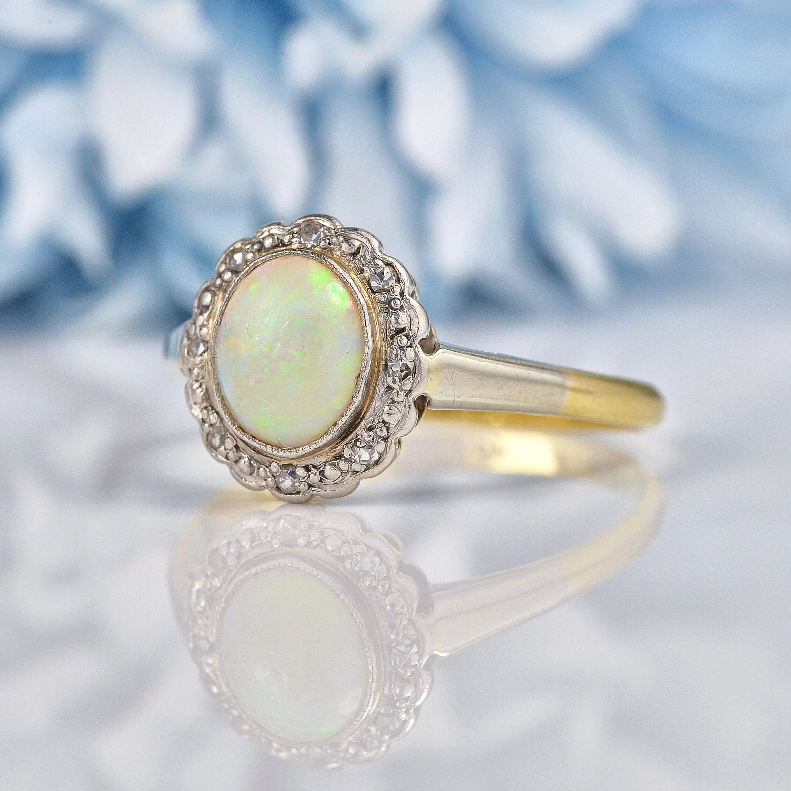 Ellibelle Jewellery Art Deco Opal & Diamond Gold and Platinum Cluster Ring