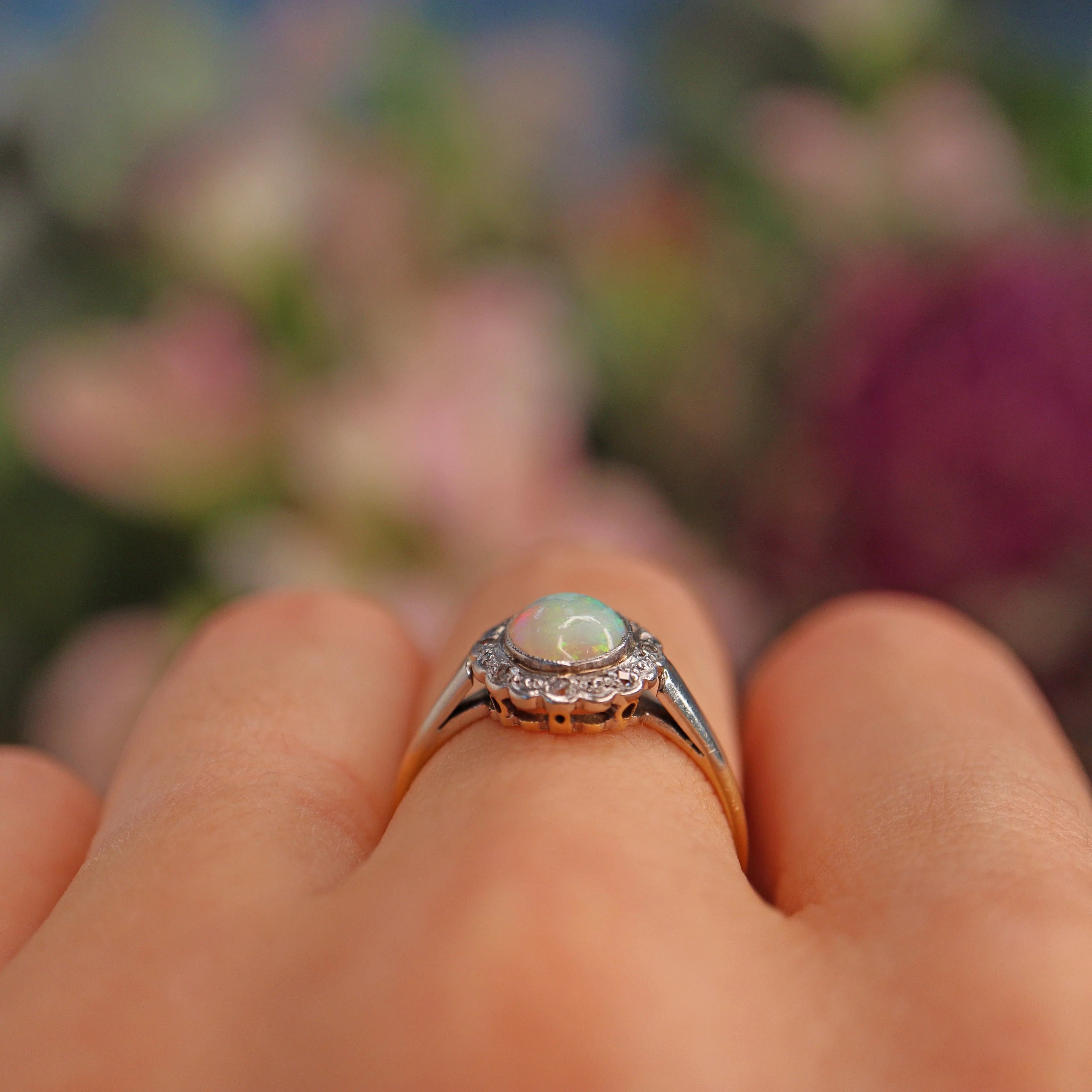 Ellibelle Jewellery Art Deco Opal & Diamond Gold and Platinum Cluster Ring