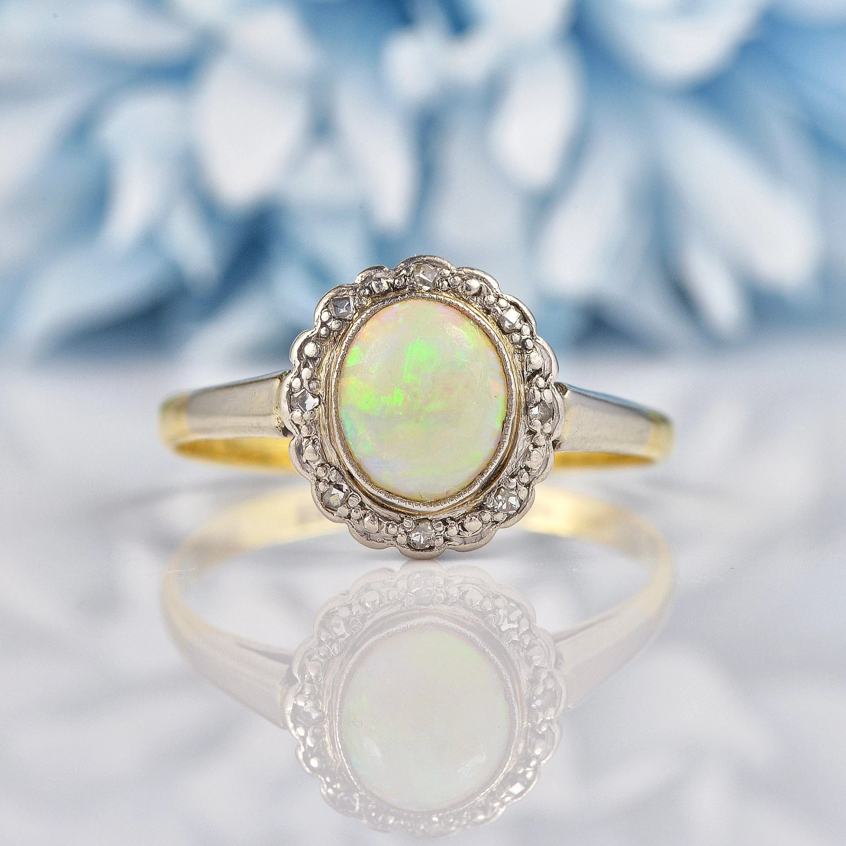 Ellibelle Jewellery Art Deco Opal & Diamond Gold and Platinum Cluster Ring