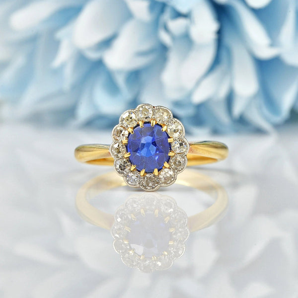 Ellibelle Jewellery ART DECO SAPPHIRE & DIAMOND 18CT GOLD CLUSTER RING