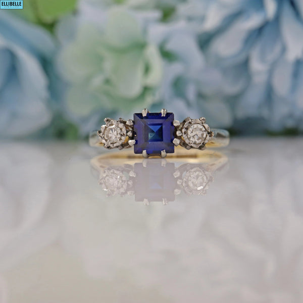 Ellibelle Jewellery ART DECO SAPPHIRE & DIAMOND 18CT GOLD PLATINUM THREE-STONE RING