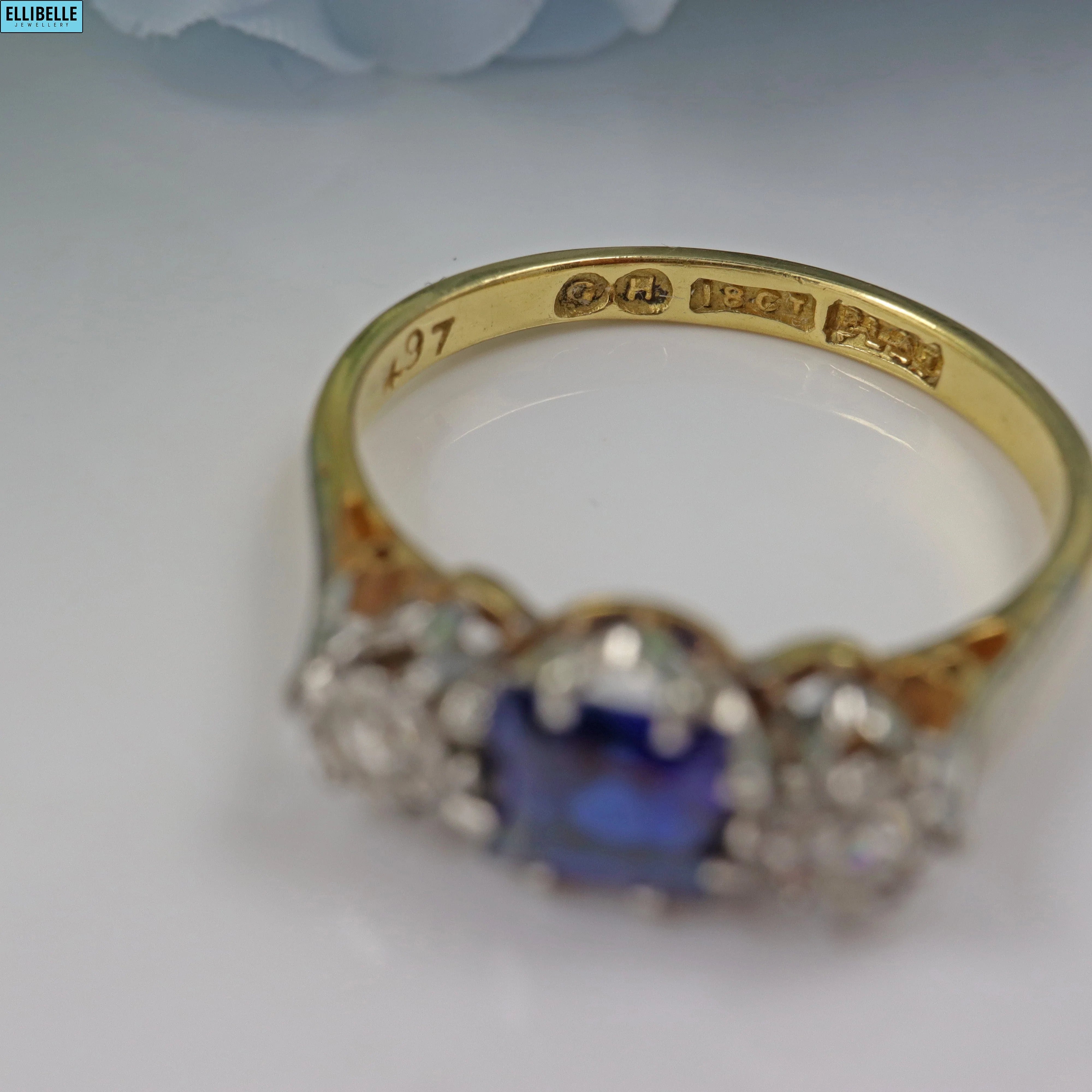 Ellibelle Jewellery ART DECO SAPPHIRE & DIAMOND 18CT GOLD PLATINUM THREE-STONE RING