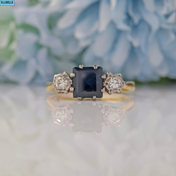 Ellibelle Jewellery ART DECO SAPPHIRE & DIAMOND 18CT GOLD PLATINUM TRILOGY RING