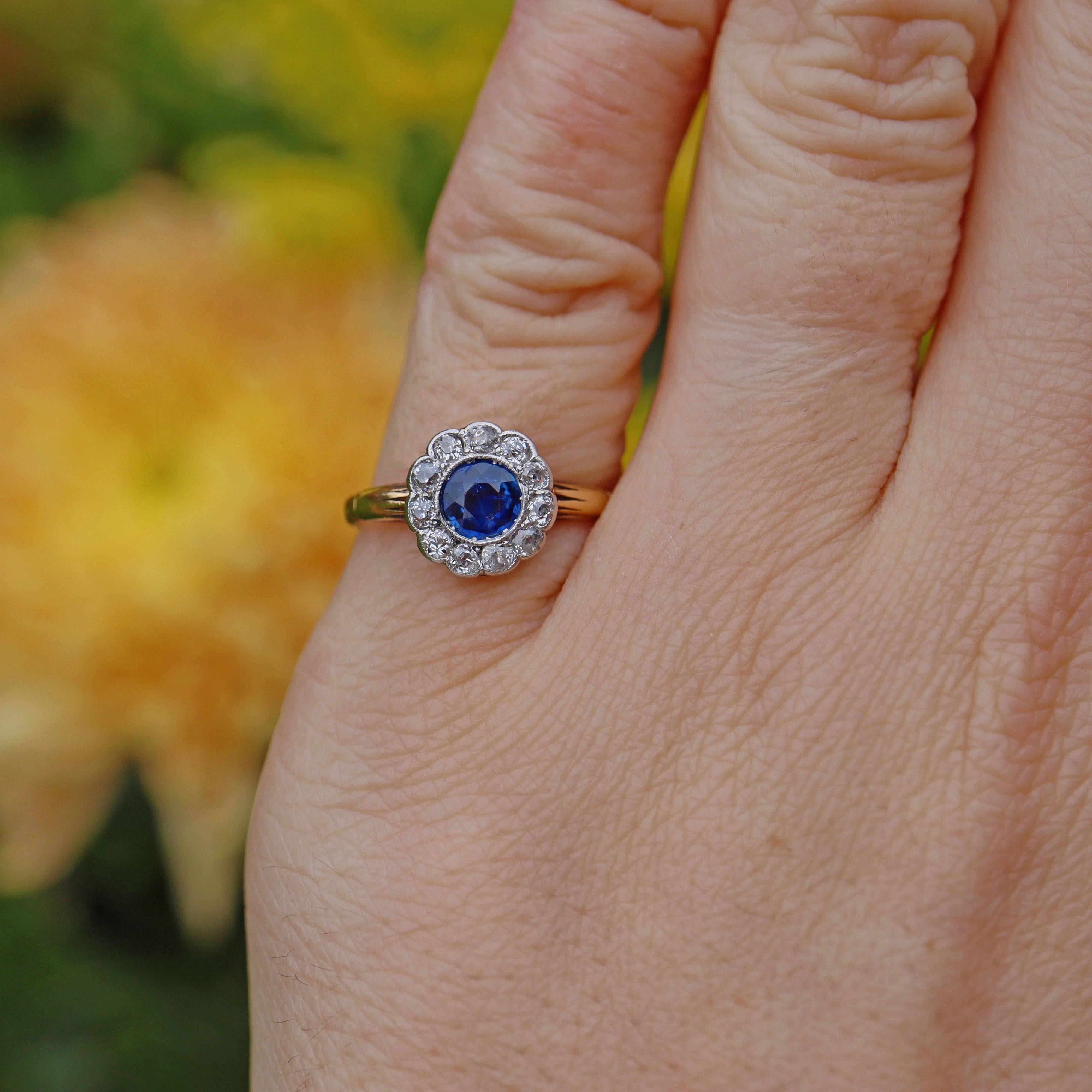 Ellibelle Jewellery Art Deco Sapphire & Diamond Gold Cluster Ring