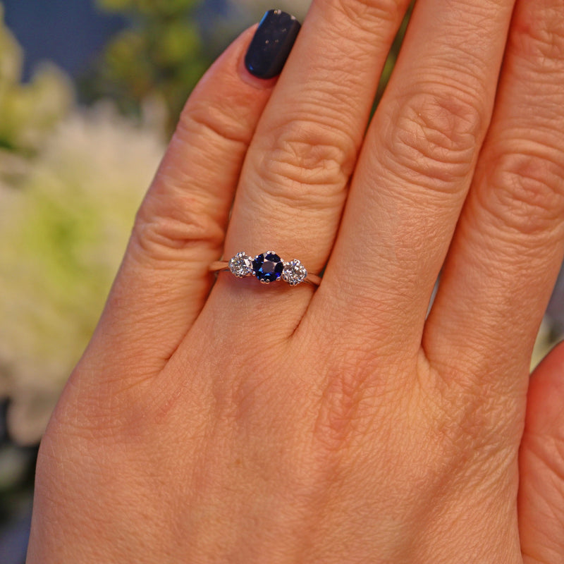 Ellibelle Jewellery Art Deco Sapphire & Diamond Platinum Three Stone Ring