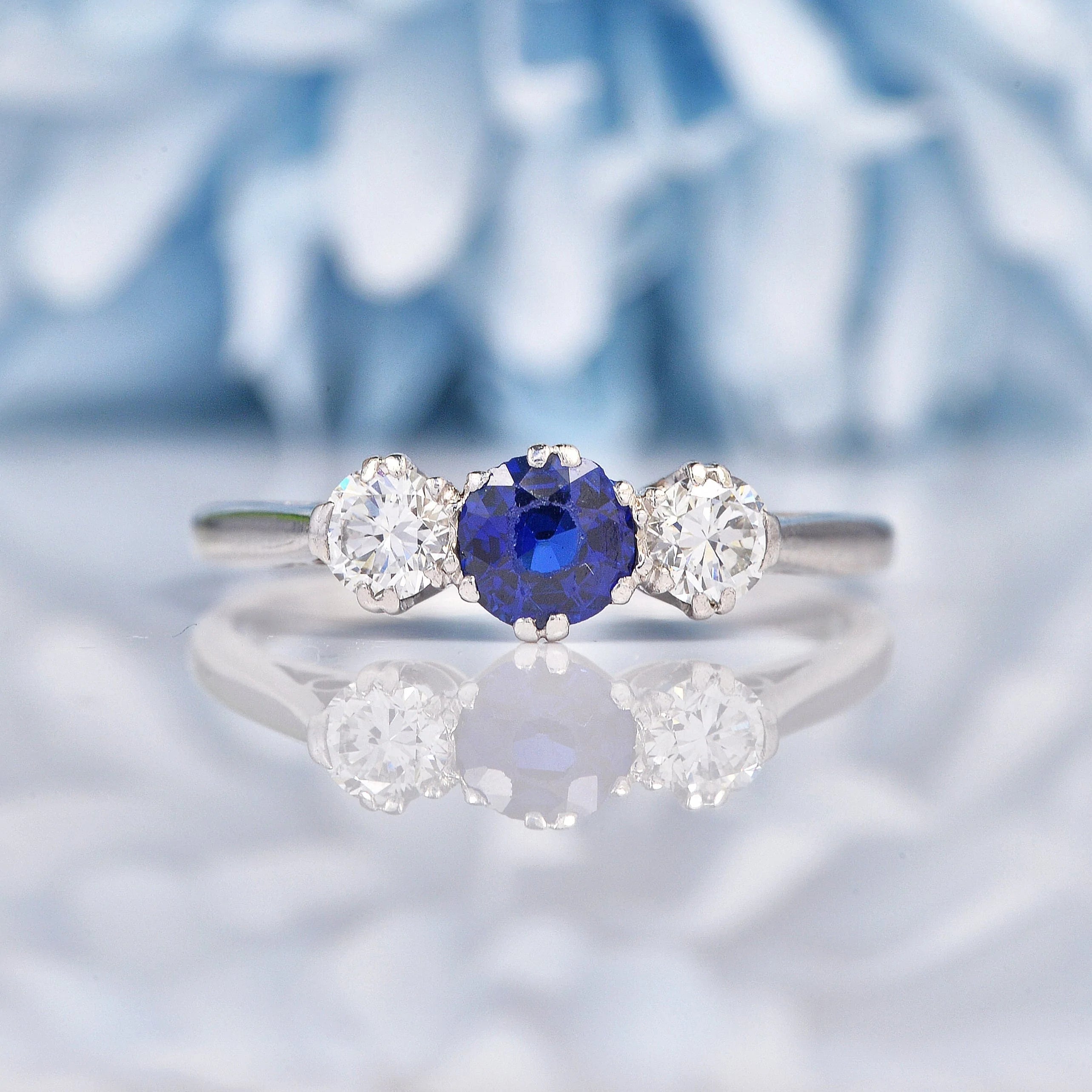 Ellibelle Jewellery Art Deco Sapphire & Diamond Platinum Three Stone Ring