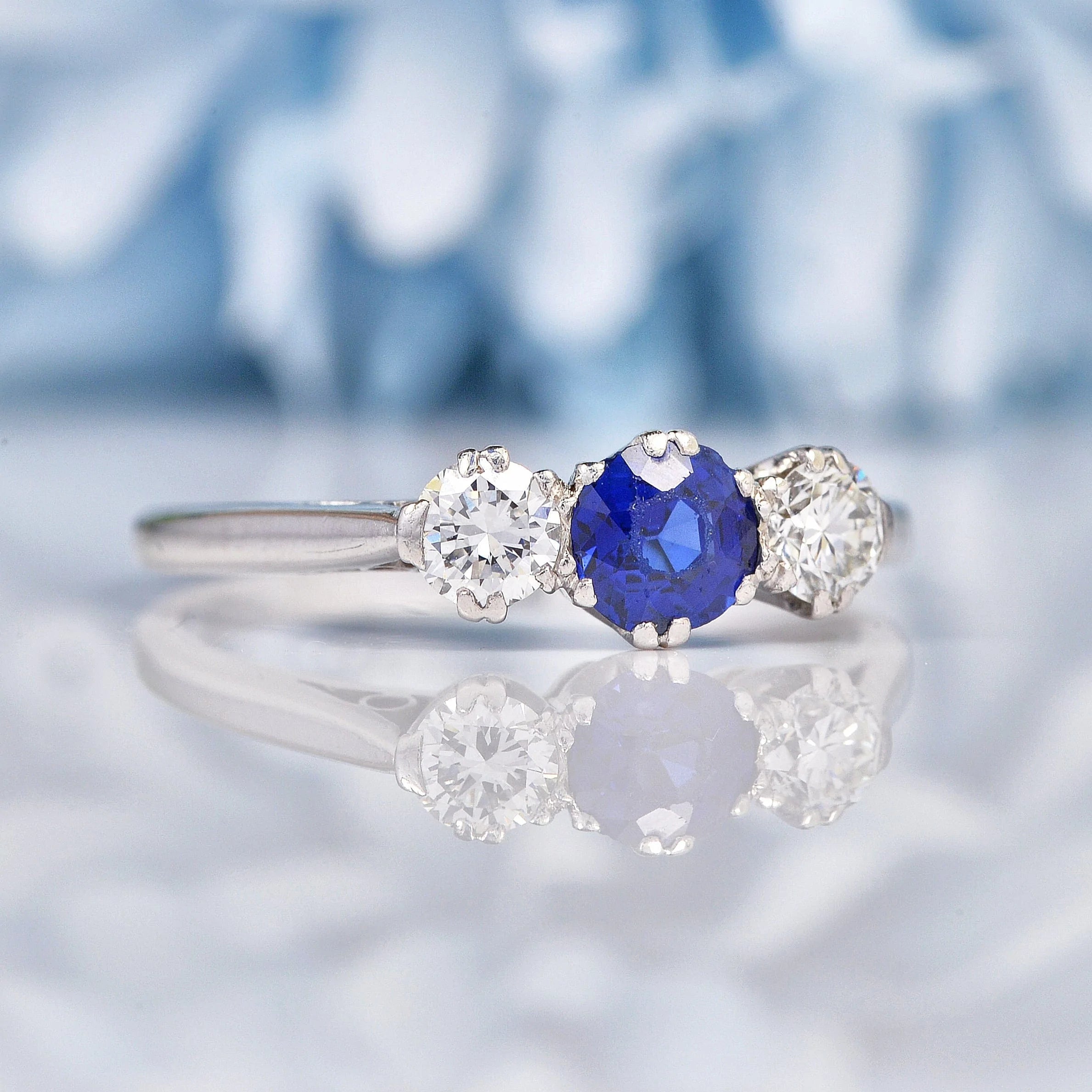 Ellibelle Jewellery Art Deco Sapphire & Diamond Platinum Three Stone Ring