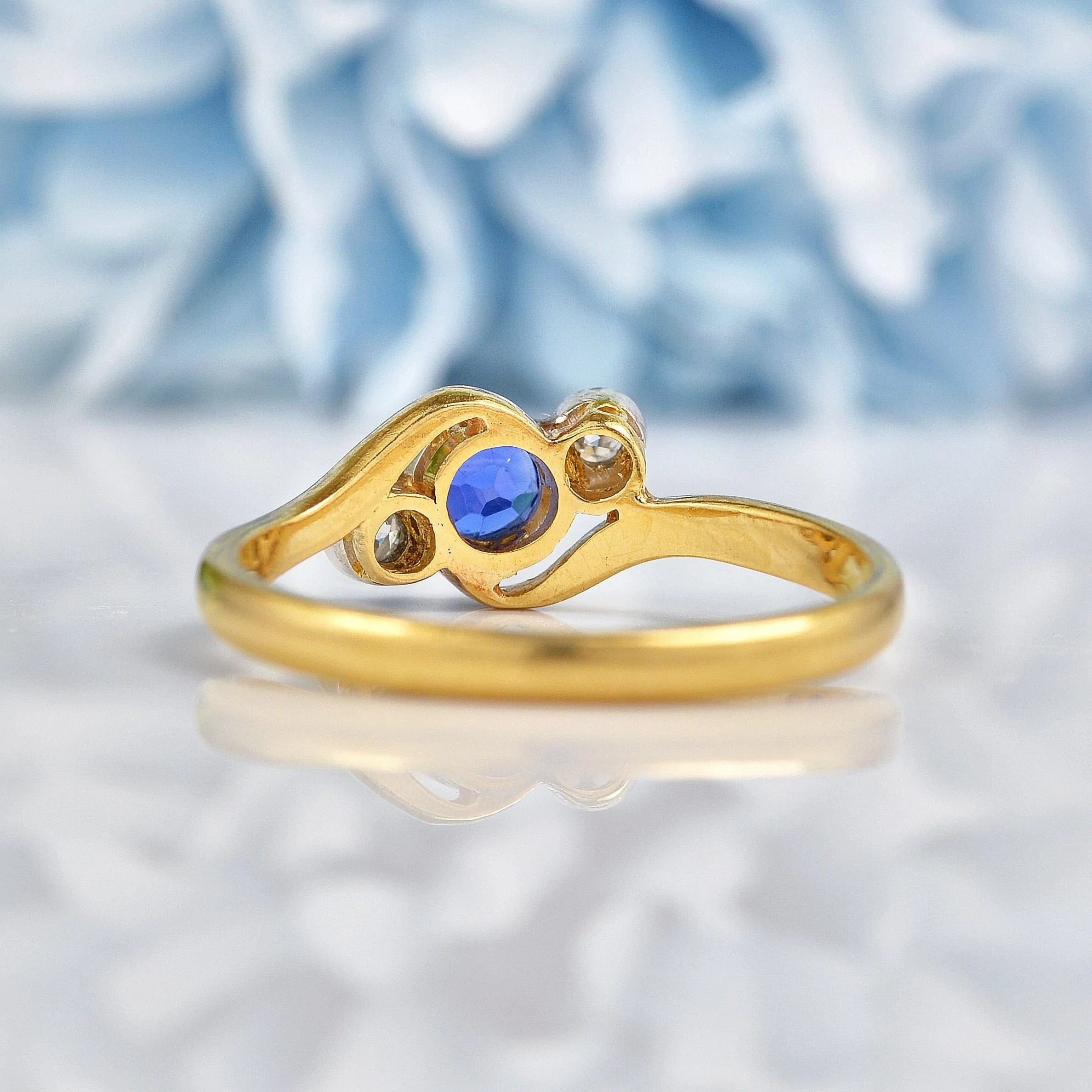 Ellibelle Jewellery Art Deco Sapphire & Diamond Three Stone Crossover Ring