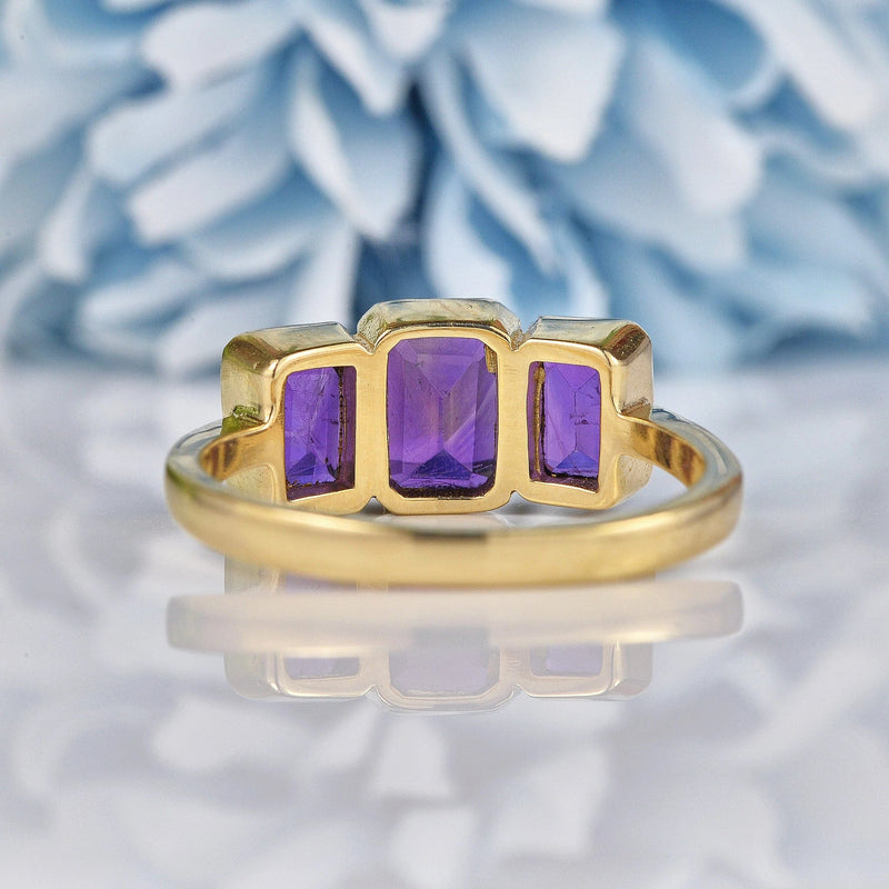 Ellibelle Jewellery Art Deco Style Amethyst 9ct Gold Three Stone Trilogy Ring