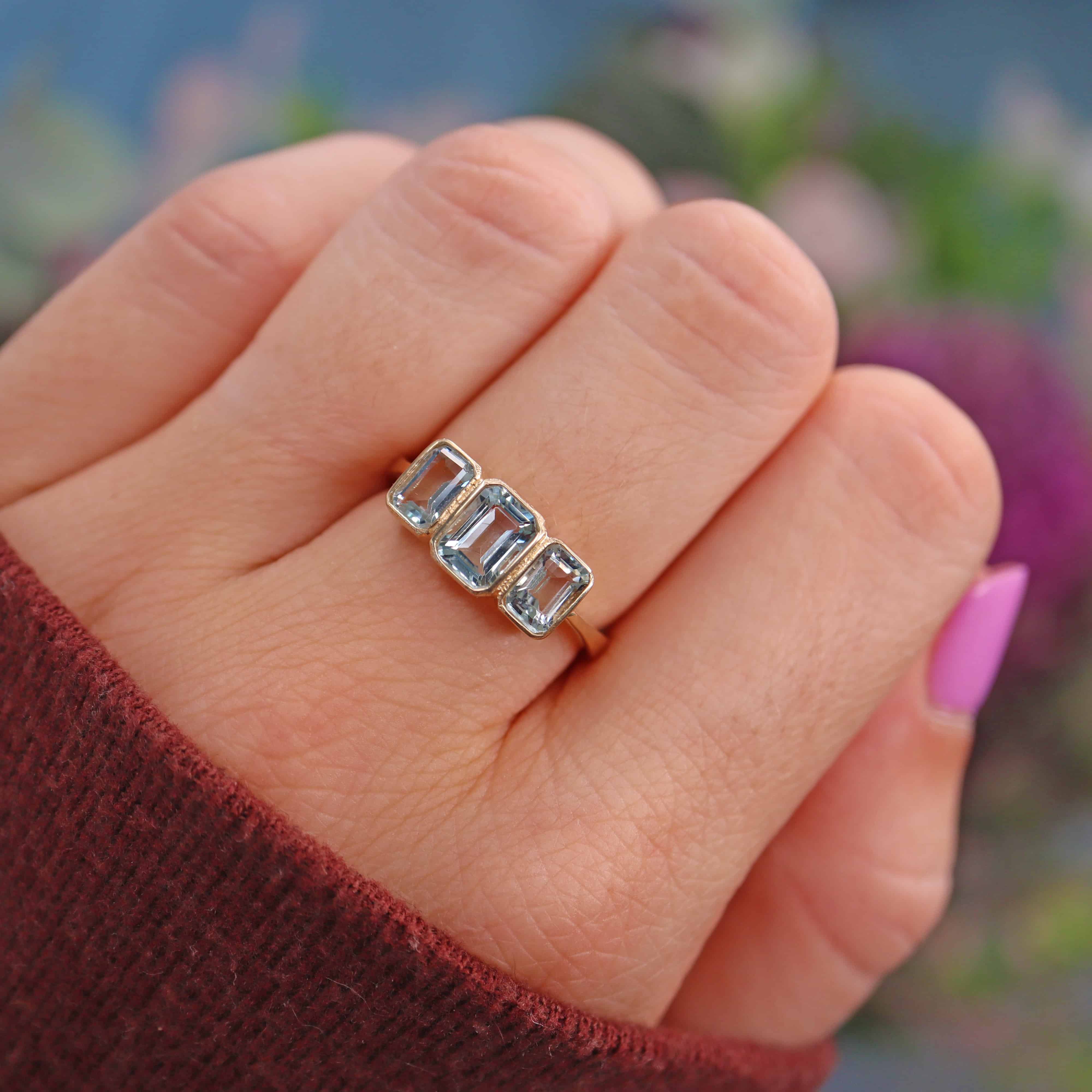 Ellibelle Jewellery Art Deco Style Aquamarine 9ct Gold Three Stone Ring