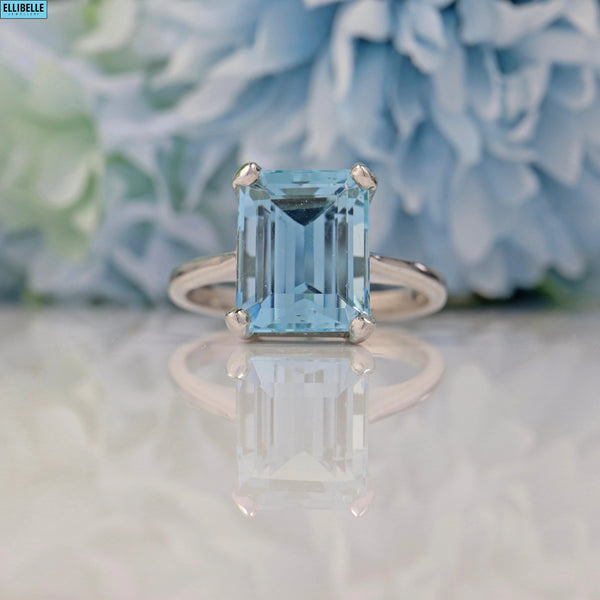 ART DECO STYLE AQUAMARINE 9CT WHITE GOLD SOLITAIRE RING