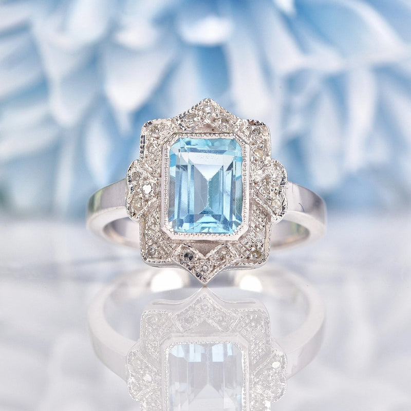 Ellibelle Jewellery Art Deco Style Aquamarine & Diamond 9ct White Gold Ring